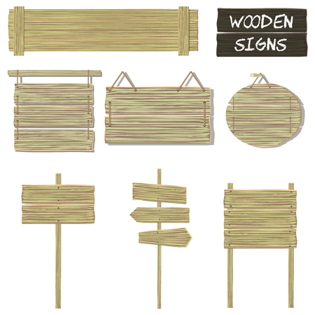 Wooden signs. Vector set of wood signboards, hanging signs and signposts. Isolated elements on white background.のイラスト素材