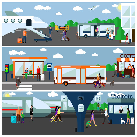 Mode of Transport concept vector illustration. Airport, bus and railway stations. Design elements and banners in flat style. City transportation objects, bus, train, plane, passengersのイラスト素材