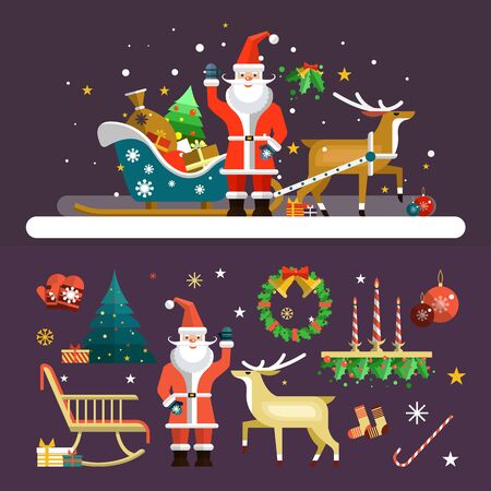 Christmas and New Year icons vector set in flat style. Santa Claus, deer and christmas tree design elements.のイラスト素材