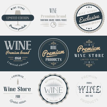 Wine drink labels set. Brands design elements, emblems, badges and stickers. Isolated vector illustration in vintage style.のイラスト素材