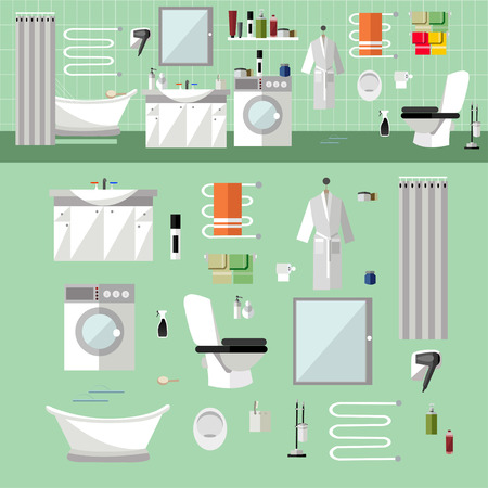 Bathroom interior with furniture. Vector illustration in flat style. Design elements, bathtub, washing machine, shower cubicle, mirror, shelves, towel, toilet.のイラスト素材