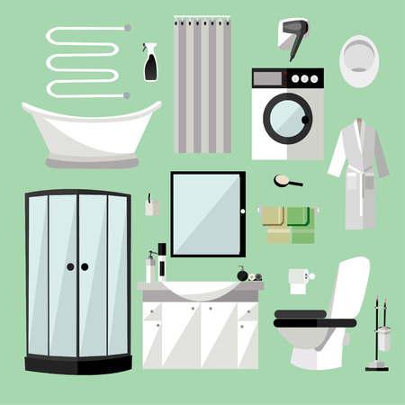 Bathroom interior furniture. Vector illustration in flat style. Design elements, bathtub, washing machineのイラスト素材