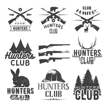 Vector set of hunting club labels in vintage style. Design elements, emblems, badges, hunt logo.のイラスト素材