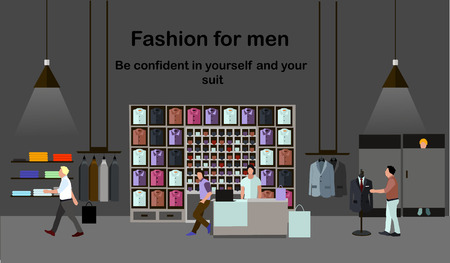 Men fashion concept. People shopping in a mall. Clothes shop Interior. Colorful vector illustration. Banner in flat style design.のイラスト素材