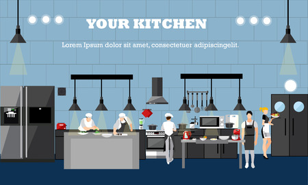 Vector banner with restaurant interiors. Chefs cooking food in kitchen room. Vector illustration in flat design.のイラスト素材