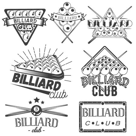 Vector set of billiard labels in vintage style. Sport concept. Billiard cue and balls. Design elements, retro emblems and icons isolated on white background.のイラスト素材