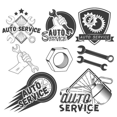 Vector set of auto service labels in vintage style. Car repair shop banners. Mechanic service tools isolated on white background. Design elements, emblems, badges, logo and icons.のイラスト素材