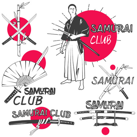 Vector set of samurai labels in vintage style. Oriental martial arts club concept. Design elements, retro emblems and icons isolated on white background. Crossed samurai katana swords.のイラスト素材