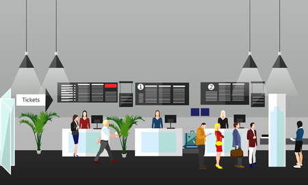 Airport terminal concept vector illustration. Design elements and banners in flat style. Air ticket office, check-in counters and waiting area. Travel concept.のイラスト素材