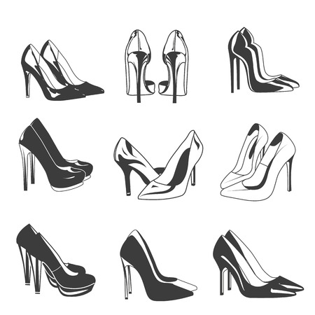 Vector set of woman shoes on heels. Fashion objects illustration isolated on white background. Woman clothes and shoes.のイラスト素材