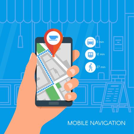 Mobile navigation concept vector illustration. Hand holding smartphone with gps city map on screen and route. Check-in symbols. Flat design.のイラスト素材