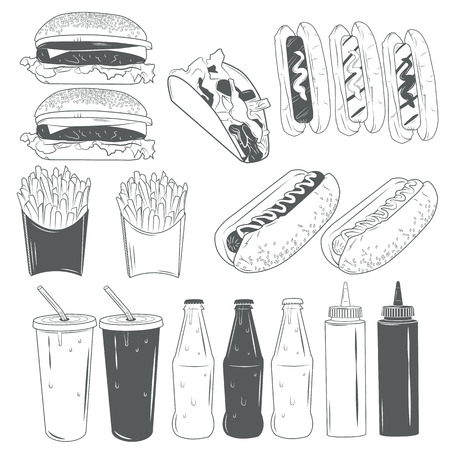 Vector set of fast food products isolated on white background in monochrome style. Design elements and icons. Hotdog, burger, french fries, cola bottles.のイラスト素材