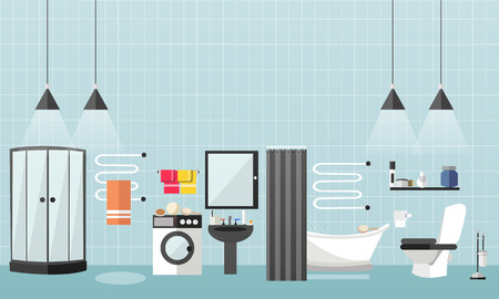 Bathroom interior with furniture. Vector illustration in flat style. Design elements, bathtub, washing machine, toilet.のイラスト素材