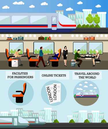 Passengers in public transport concept vector banner. People in train. Subway and rail transport interior.のイラスト素材