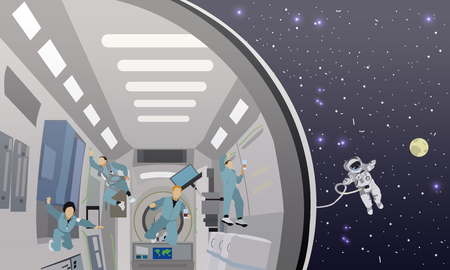 Space mission concept vector illustration. Astronauts in space station and outer space. cosmonauts flying in no gravity space.のイラスト素材