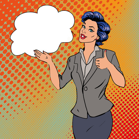 Pop art retro style woman showing thumb up hand sign with speech bubble. Comic hand drawn design vector illustration.のイラスト素材