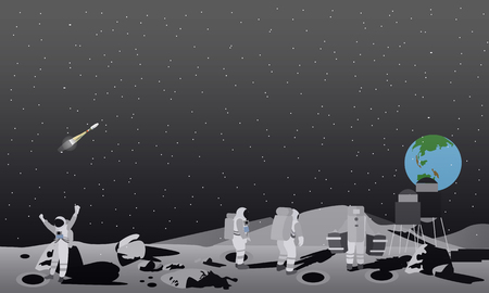 Moon space station vector illustration. Astronauts landing to moon concept.のイラスト素材