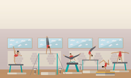 Gymnastic sport competition arena interior vector illustration. Sportsman flat icons. Artistic and rhythmic gymnast exercise.のイラスト素材