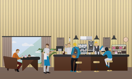 Vector banner with restaurant interior. People having lunch in cafe and bar.のイラスト素材