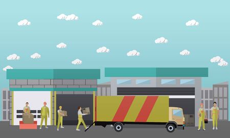 Logistic and delivery service concept banner. Warehouse. Vector illustration in flat style design.のイラスト素材