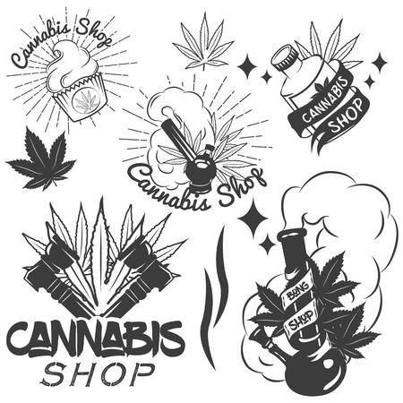 Vector set of medical marijuana labels in vintage style. Cannabis emblems, badges and logos for shop design. Weed leafs, bong.のイラスト素材