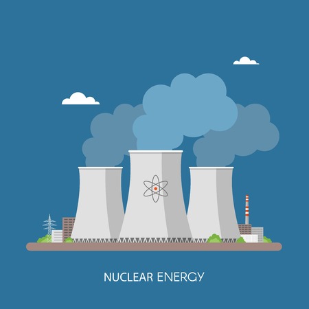 Nuclear power plant and factory. Nuclear energy industrial concept. Vector illustration in flat style. Nuclear station background.のイラスト素材