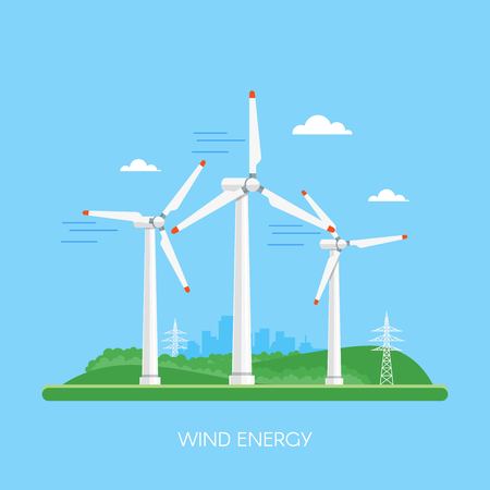 Wind power plant and factory. Wind turbines. Green energy industrial concept. Vector illustration in flat style. Wind power station background. Renewable energy sources.のイラスト素材