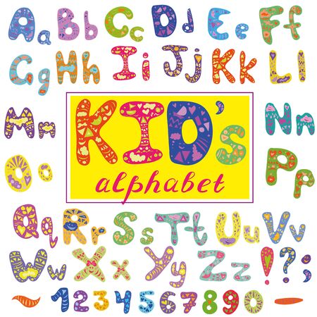 Alphabet in kid style. Vector abstract alphabet with letters. Hand drawn font and alphabet.のイラスト素材