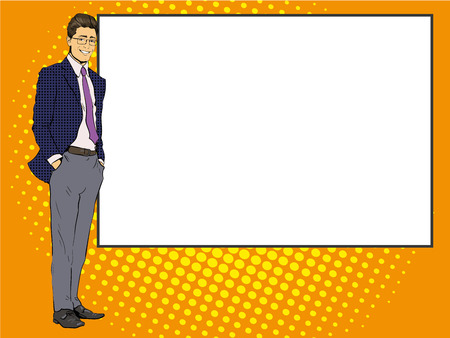 Businessman stays next to blank white board. Pop art comics retro style vector illustration. Put your own text.のイラスト素材