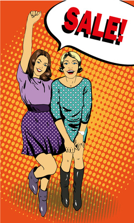 Women with Sale speech bubble illustration in comics pop art style. Special offers advertising poster. Woman shopping.のイラスト素材