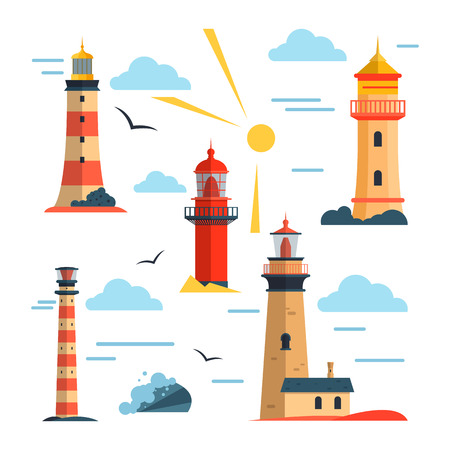 Vector set of lighthouses. Design elements and icons in flat style isolated on white background. Cartoon lighthouse with light beams.の写真素材