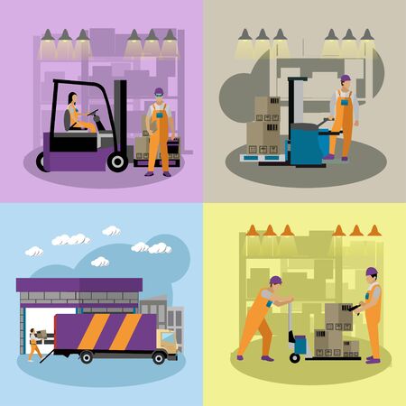 Logistic and delivery service concept banners. Warehouse workers. Vector illustration in flat style design. Delivery man working in warehouse and shipping products.のイラスト素材