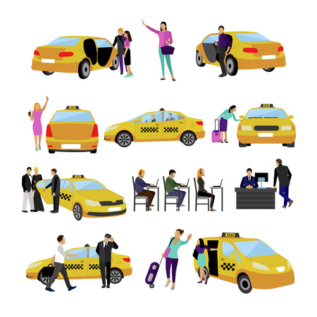 Vector set of Taxi service icons isolated on white background. People using yellow taxi cab. Passengers in taxi car.のイラスト素材
