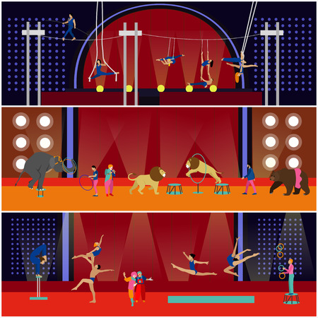 Vector set of circus interior concept banners. Acrobats and artists perform show in arena. Circus interior. Animals show and performance.のイラスト素材