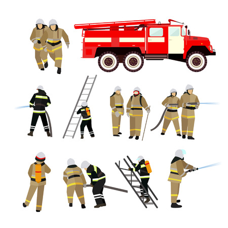 Fire fighting department vector set. Fire station and firefighters. Firefighting truck and people isolated on white background.のイラスト素材