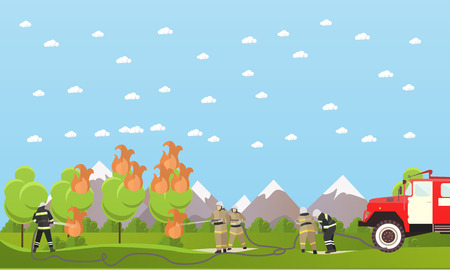 Fire fighting department vector banner. Firefighters extinguish the fire in a forest.のイラスト素材