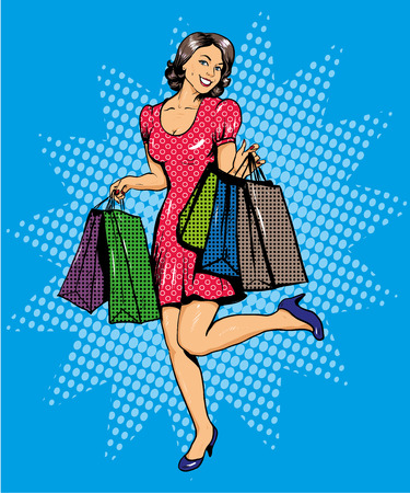 Woman with bags shopping. Vector illustration in comics pop art style. Special sale offers advertising poster.のイラスト素材