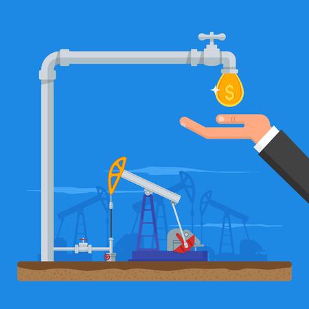 Transform oil to money concept. Get cash from oil pipe. Black gold. Oil pumps. Vector illustration in flat style. Oil and gas industry.のイラスト素材
