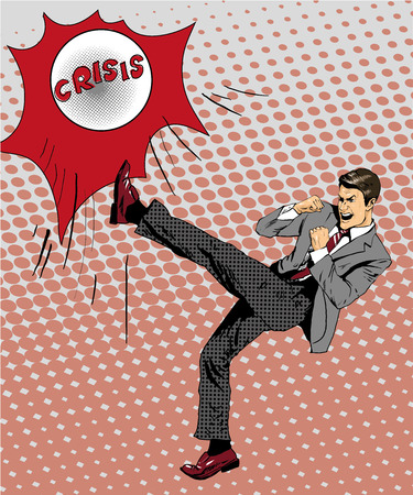 Man kicking ball. Vector illustration in comic pop art retro style. Businessman fighting with financial crisis.のイラスト素材