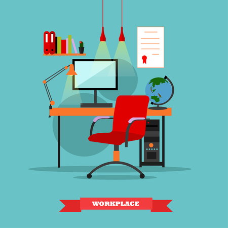 Workplace interior. Work at home concept vector illustration in flat style. Home office workplace.のイラスト素材