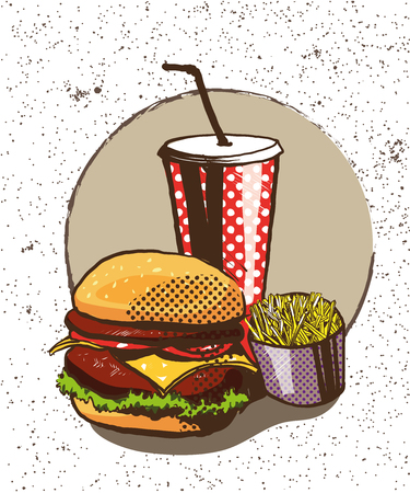 Fast food poster in retro pop art style. Vector comic illustration. Concept graphic background with burger, fries and soda.の写真素材