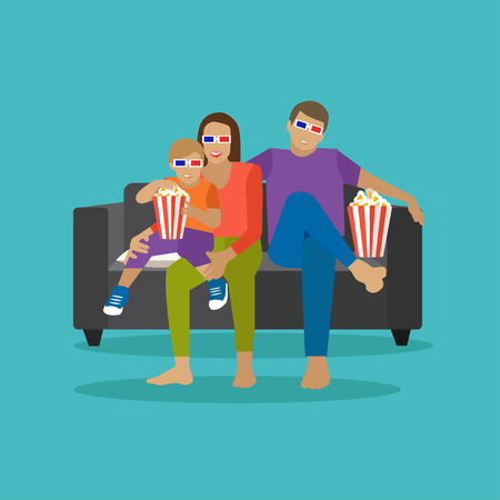 Family eating popcorn and watching movie in home theater. Cinema concept vector illustration in flat style. Movie at home.のイラスト素材