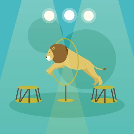 Circus concept vector banner. Acrobats and artists perform show in arena. Animals show and performance poster.のイラスト素材