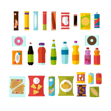 Vending machine product items set. Vector illustration in vector style. Food and drinks design elements and icons isolated on white background.のイラスト素材