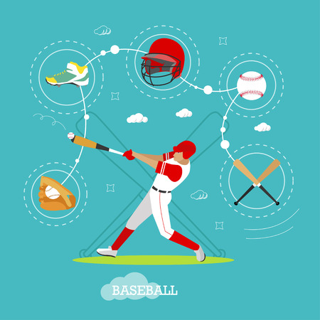 Baseball player with equipment. Sport concept vector illustration in flat style design. Baseball uniform, helmet, ball and bat. Design elements and icons.のイラスト素材