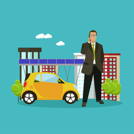 Smart city concept vector illustration in flat style. Businessman talks by smart phone. Internet of things and new technologies design elements and icons.のイラスト素材