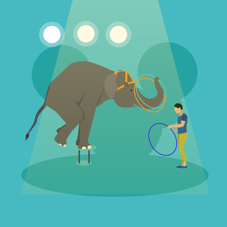 Circus concept vector banner. Acrobats and artists perform show in arena. Animals show and performance poster.のイラスト素材