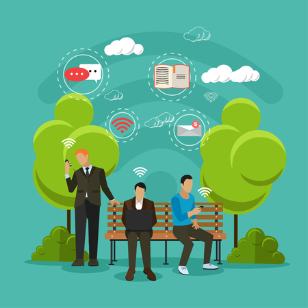 Public free Wi-Fi hotspot zone concept vector illustration in flat style design. People using wireless internet in a park.のイラスト素材