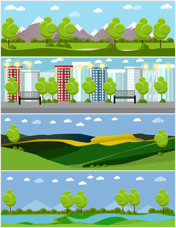 City and outdoor landscape. Vector illustration in flat style design. Countryside nature with tree, mountains, river.のイラスト素材