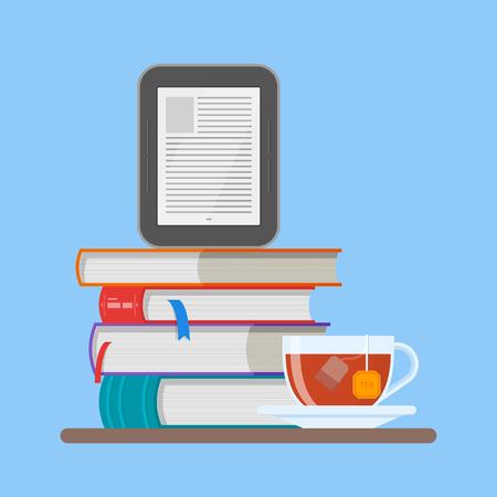 Electronic book concept vector illustration in flat style. Stack of books and e-book reader.のイラスト素材